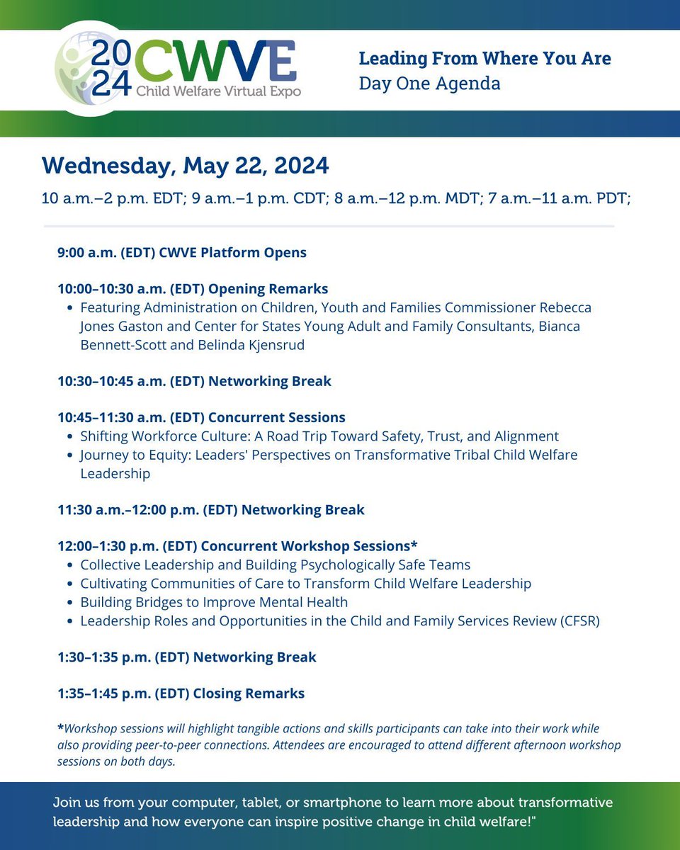 CenterforStates's tweet photo. Child Welfare Virtual Expo 2024, Leading From Where You Are, kicks off tomorrow! Register to join us and visit our #CWVE webpage to learn what to expect and start planning your days! https://t.co/NbtDU2NYIh https://t.co/PLSUU7IiZG
