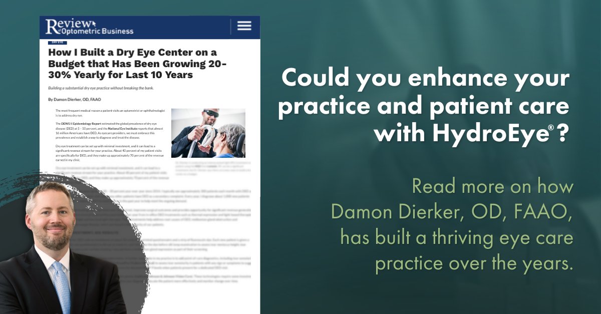 Small steps can add up to big changes when starting or growing your optometry practice. Damon Dierker, OD, FAAO, offers his tips to build a successful #dryeye center on a budget, including sales of OTCs, such as HydroEye®. 
​
Bit.ly/3TbDLsG