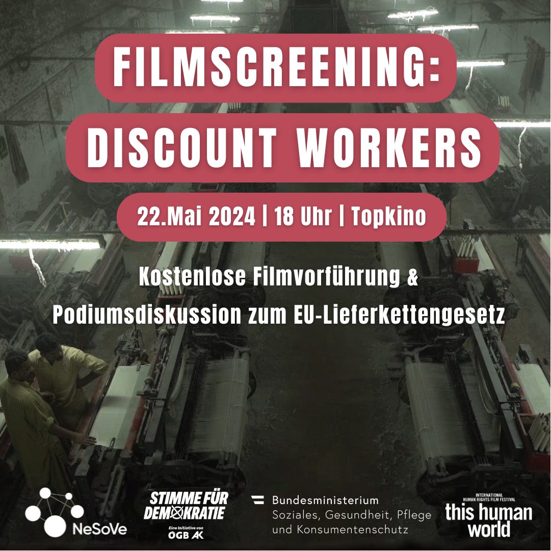 AK Europa (@ak_eu_int) on Twitter photo 🥁 Reminder! Heute um 18 Uhr zeigen wir mit
@NeSoVeden den Film "Discount Workers"!
<a href="/frauherr/">Julia Herr</a>, Ines Vukajlović,
<a href="/Chris_Patz3/">Christopher Patz https://bhre.social/@ChrisPatz</a>, <a href="/_tinarosen/">Tina Rosenberger</a> sprechen dann mit #Wienerkind Astrid Aschenbrenner über das #Lieferkettengesetz! Es gibt noch Restplätze!📷 topkino.at/kino/veranstal… 🥁 Reminder! Heute um 18 Uhr zeigen wir mit
@NeSoVeden den Film "Discount Workers"!
<a href="/frauherr/">Julia Herr</a>, Ines Vukajlović,
<a href="/Chris_Patz3/">Christopher Patz https://bhre.social/@ChrisPatz</a>, <a href="/_tinarosen/">Tina Rosenberger</a> sprechen dann mit #Wienerkind Astrid Aschenbrenner über das #Lieferkettengesetz! Es gibt noch Restplätze!📷 topkino.at/kino/veranstal…