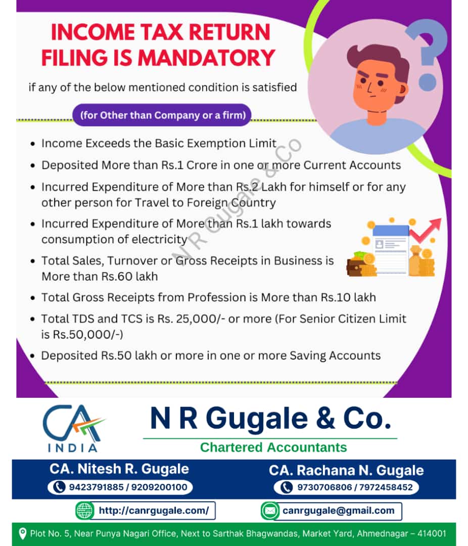 canrgugale's tweet photo. Income Tax Return (#ITR) #Filling is Mandatory if any of the below mentioned conditions is satisfied (For Other than Company or a firm) :

· #Income Exceeds the Basic Exemption Limit
· Deposited More than Rs. 1 Crore in one or more Current Accounts https://t.co/Xppe3RtAki