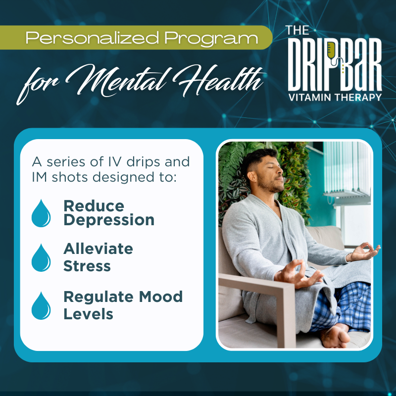 Certain vitamins can help alleviate stress and depression. Our Mental Health program helps our clients prioritize mind and body. (Our products are not intended to diagnose, treat, cure, or prevent any disease.  Please see FDA Disclaimer on our website.) #Wellness #TheDRIPBaR