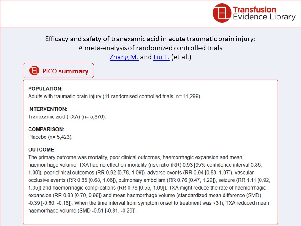 New from #Transfusion Evidence Library:

Efficacy and safety of #tranexamicacid in acute #traumaticbraininjury: A #metaanalysis of randomized controlled trials
by Zhang and Liu
transfusionevidencelibrary.com/alerts/article…