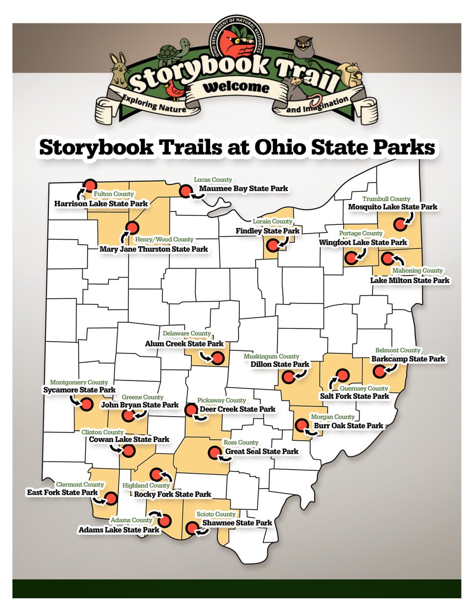 Each Storybook Trail is a half-mile walking trail and features pages of a @dollyslibrary book! Check out a trail near you sometime this summer! #OhioTourismDay @ohiodnr @OHHeartofitAll