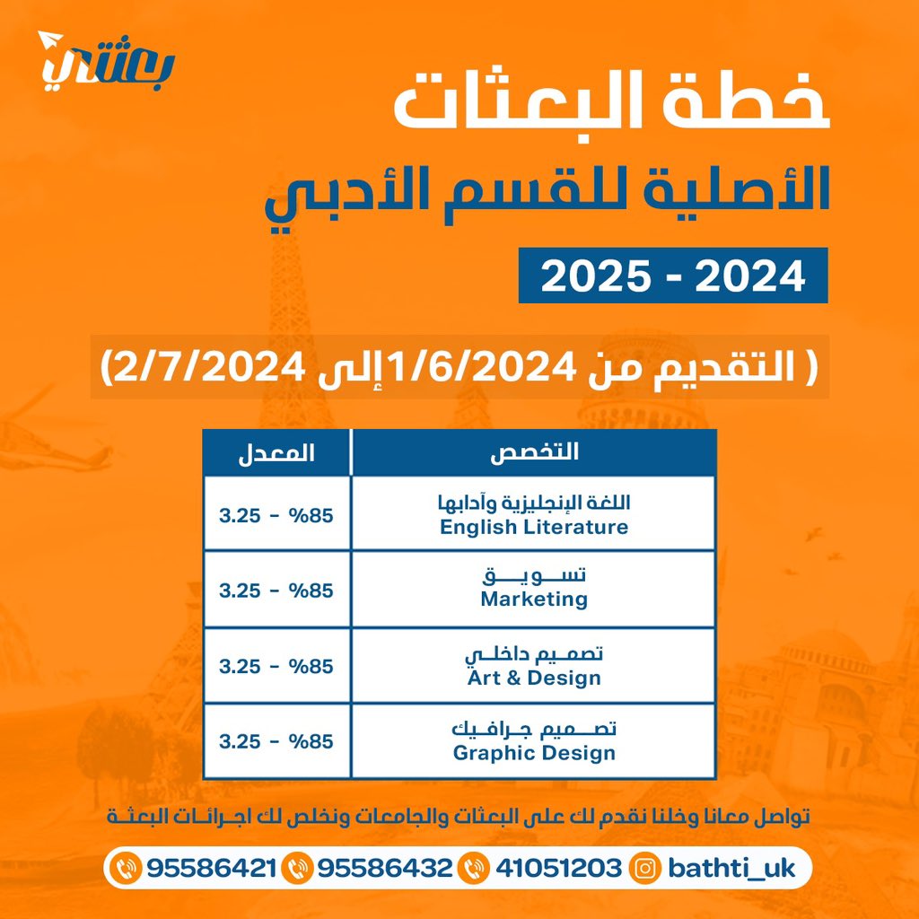 تواصل معانا وخلنا نساعدك بالتقديم على خطة البعثات ونطلع لك قبول جامعي او معهد ونخلص كلّ إجرائات البعثه 🤩