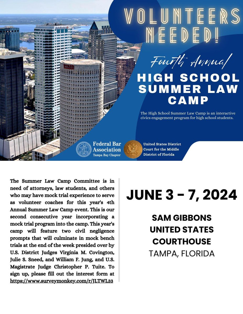 Volunteers needed! If you are looking for an opportunity to volunteer, please consider volunteering to assist with the Chapter’s Fourth Annual High School Summer Law Camp from June 3 - June 7, 2024!