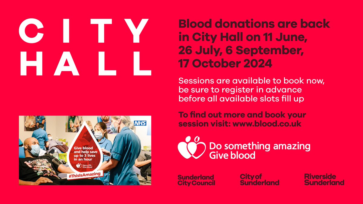 📍 New dates 📅 Do something amazing...Give Blood at City Hall 🩸 Sessions are available to book for 11 June, 26 July, 6 September, 17 October 2024 Find out more or book your slot today 👇🏼 orlo.uk/6ziUy #BloodDonation @RiversideSund #Sunderland