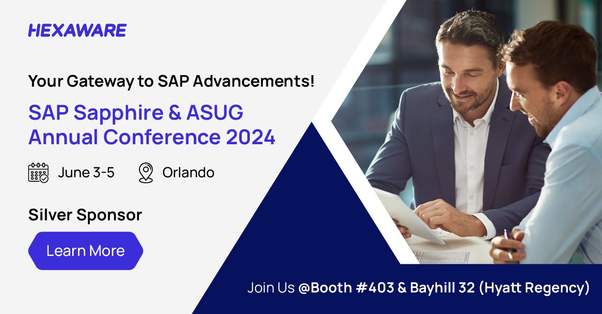 Discover the synergy of Hexaware & #SAP from June 3-5 at #SAPSapphire 2024. See firsthand how our collaborative solutions are pioneering change & propelling businesses into the new #digital era. Join us at booth #403 & Bayhill 32 (Hyatt Regency). bit.ly/3WQUxzE #ERP