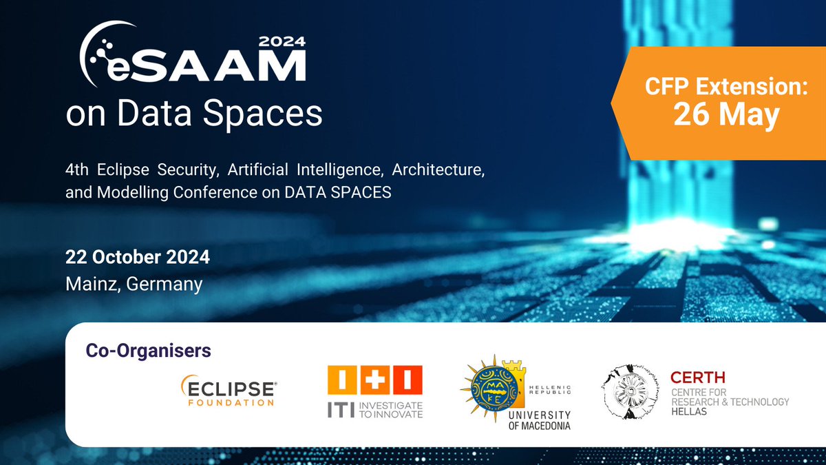 Eclipse SAAM on Data Spaces conference brings together research and industry! Only 5 days remain to submit your paper!  hubs.la/Q02wfjrm0 #opensource #Research #Dataspaces #esaam2024