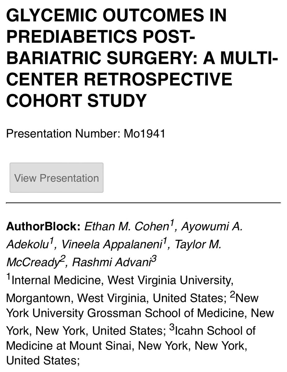 AdvaniRashmiMD's tweet image. Congratulations to my mentee on his presentation &amp;amp; collaborative work on our study ⬇️ 

✅ 40,000 patients

✅ Bariatric surgery is an effective treatment for the prevention of diabetes in #preDM &amp;amp; resolution of preDM

🔜 we will be able to show this in large scale for #EBT pts