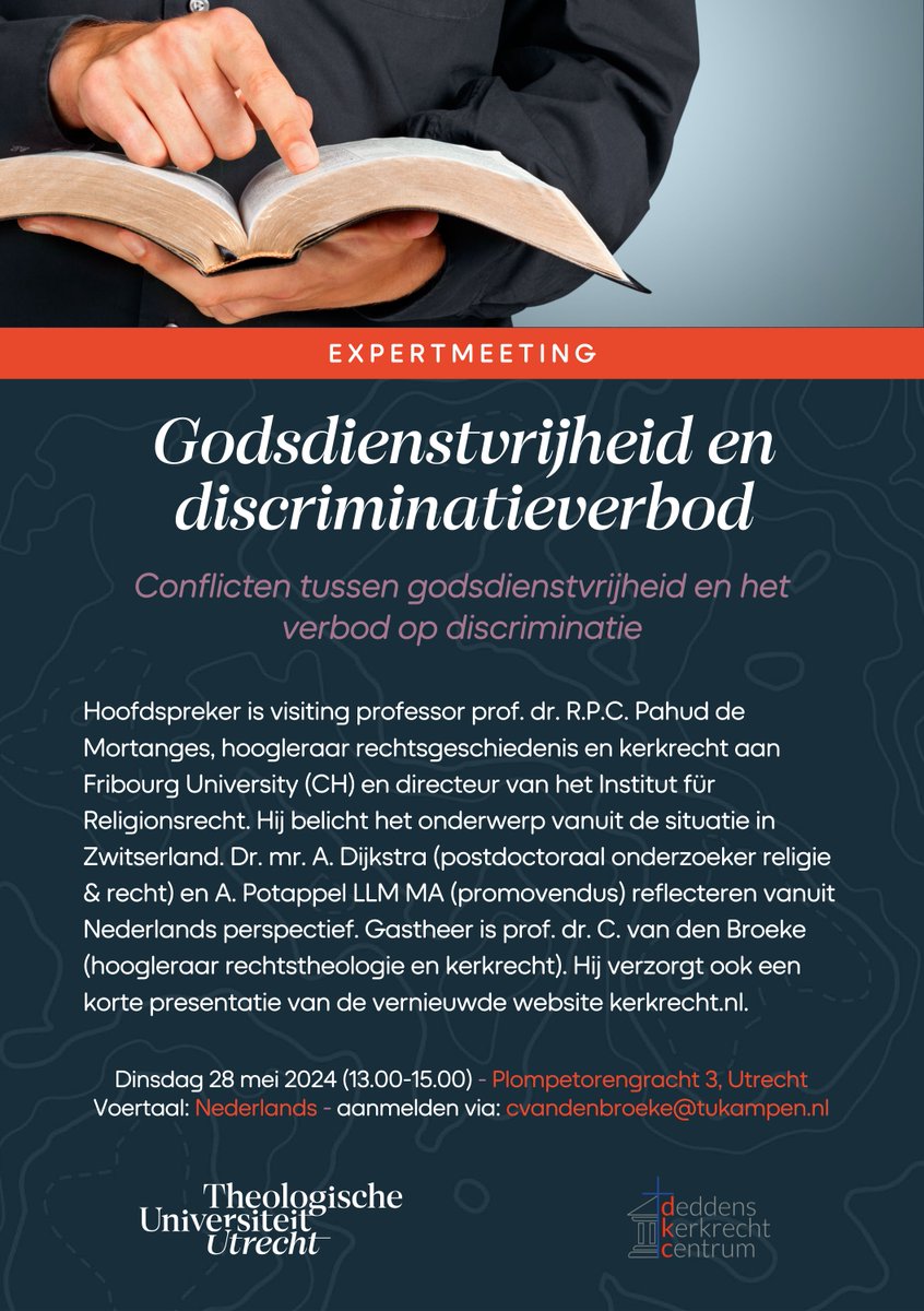 UtrechtTU's tweet photo. Dinsdag 28 mei is er een expertmeeting over godsdienstvrijheid en het verbod op discriminatie. Hoofdspreker is visiting professor prof. dr. Pahud de Mortanges, hoogleraar rechtsgeschiedenis &amp; kerkrecht aan Fribourg University.

Meer info en aanmelden:
https://t.co/wbHI4y2sDl https://t.co/cMuCWfsYDG