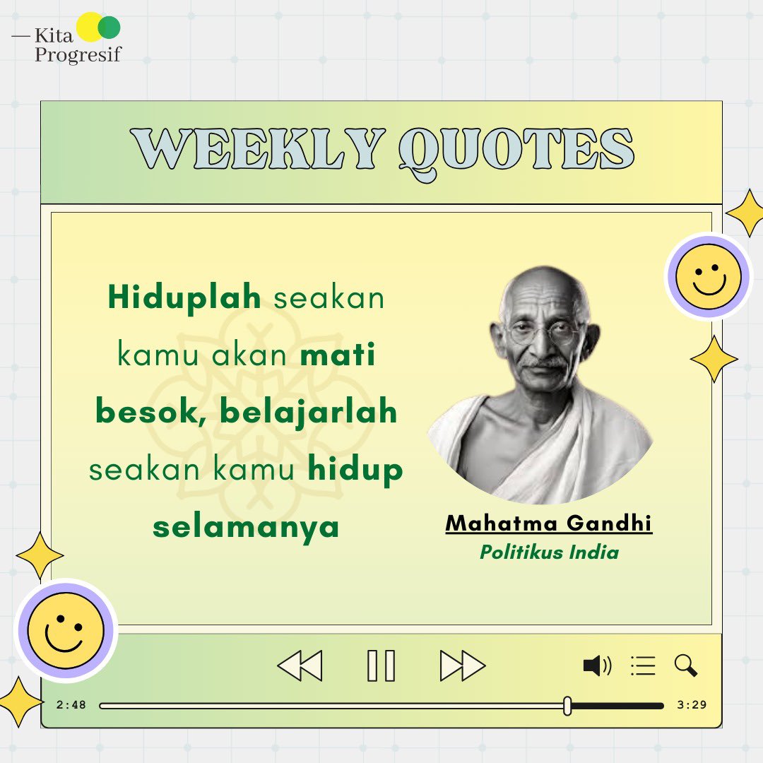 KitaProgresif's tweet image. Hallo #TemanProgresif🙌

Ada motivasi nih dari Mahatma Gandhi tentang kehidupan ☺️
Yuk cek postingan berikut ini 👇🏻👇🏻👇🏻

#BerkaryaBermanfaat 
#ProgresifProfesional