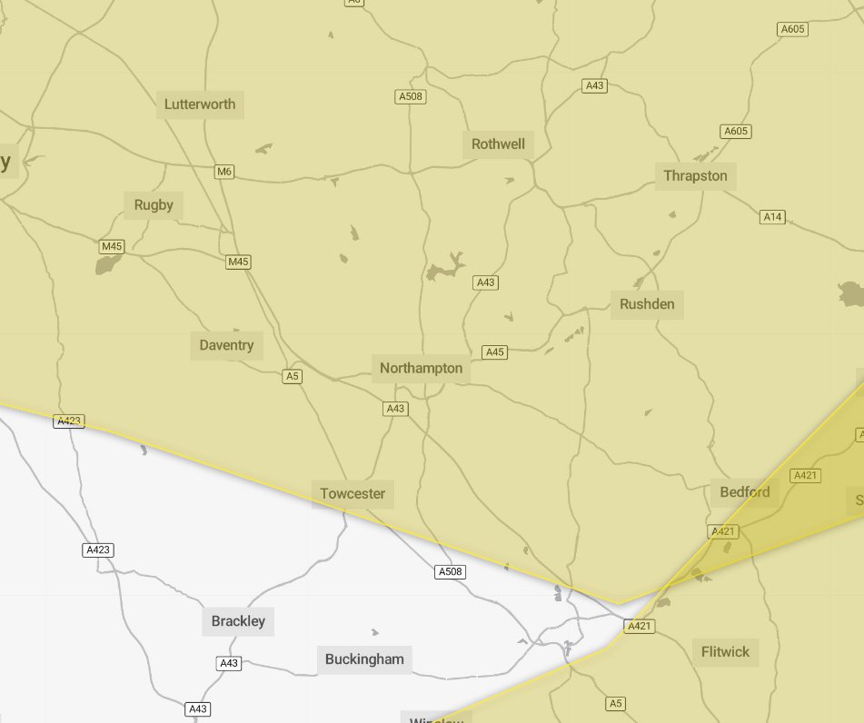 There are yellow weather warnings in and around Northamptonshire for rain and thunderstorms. Please keep yourself up-to-date by visiting @metoffice especially before you travel. metoffice.gov.uk/weather/warnin…