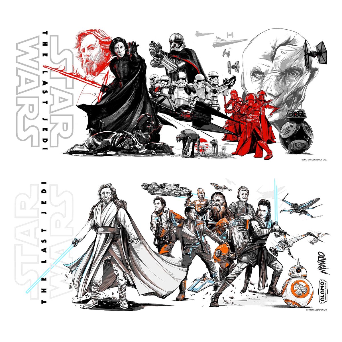 The Last Jedi glass illustrations by Oliver  Barrett for Alamo Drafthouse Cinema