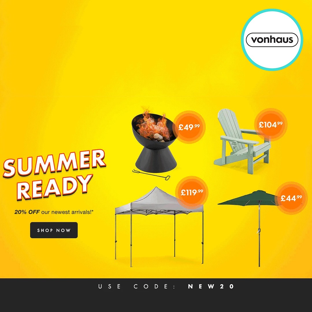 Get Bank Holiday ready with VonHaus! SAVE 20% off selected home & garden essentials, allowing you to sit back, relax & soak up the sunshine!

Use Code NEW20 👉ow.ly/qNxG50ROyK4

#ShopSmart #ShopViosmart #TheMarketplaceThatGivesBack #ad #BoxForGood #EmpoweringThoseMostInNeed