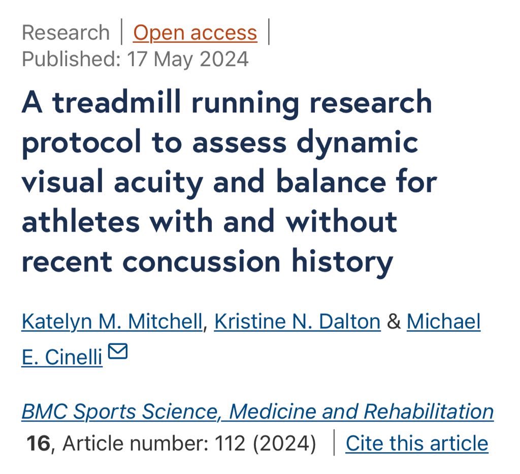 Happy to share this pub from my PhD! Our protocol integrating vigorous treadmill exercise with vision & neurocognitive testing may help inform better clinical strategies to determine return-to-sport readiness for athletes following #concussion. …sportsscimedrehabil.biomedcentral.com/articles/10.11…
