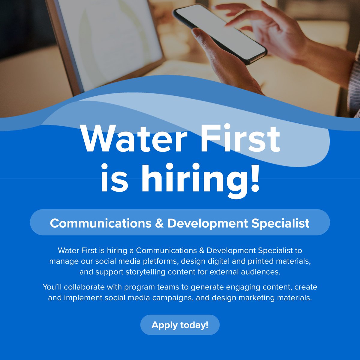 Looking to pour your creativity into a meaningful cause? 🌊 Become our Communications &amp; Development Specialist!

You'll collaborate with program teams to generate engaging content, social media campaigns, and marketing materials.

Apply today! waterfirst.bamboohr.com/careers/55?sou… 

#Hiring