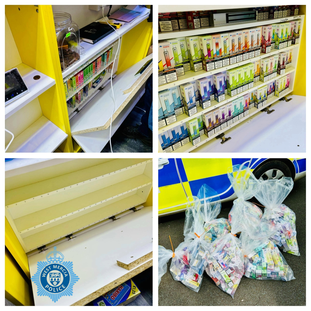 Illegal vapes and illicit cigarettes with an estimated street value of £8,000 were seized from a shop in Rubery in a partnership visit.

Officers from Rubery SNT joined <a href="/WorcsTS/">Worcestershire TS</a>; fire safety officers and <a href="/BromsgroveDC/">Bromsgrove Council</a>  on 15 May.

Read more ➡️ orlo.uk/7Rxp0