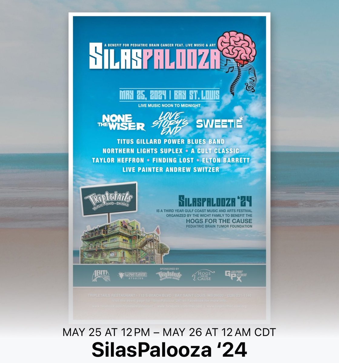 Silaspalooza is going down this Saturday, May 25th, at Tripletails Restaurant in Bay St. Louis, MS from noon to midnight! Performances, food, family and fun benefiting the Hogs For a Cause Pediatric Brain Cancer Foundation. facebook.com/events/s/silas…
