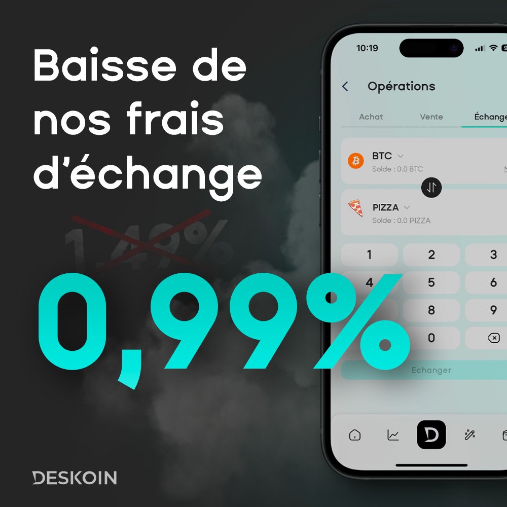 Deskoin's tweet photo. On a choisi de baisser nos frais, mais pas que le temps du pizza day… 😉

Toujours engagés à offrir l'expérience la plus accessible à nos clients, nous diminuons nos frais d'échange de 1,49 % à 0,99 % sur l’ensemble de nos cryptos. https://t.co/pth3hvzxv8