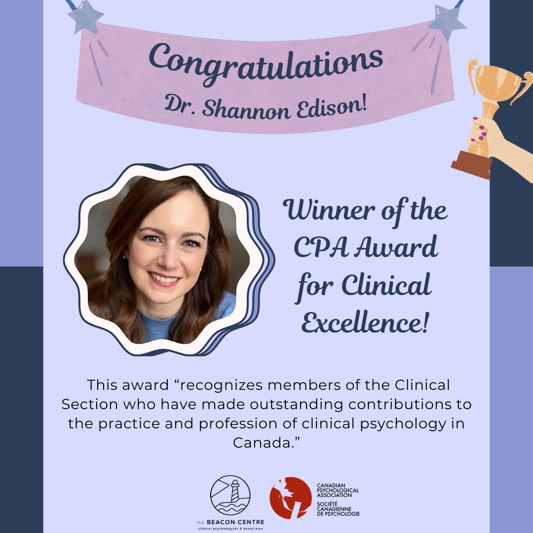 We would like to take a moment to offer our heartfelt congratulations to Dr. Shannon Edison on winning the Canadian Psychological Association Award for Clinical Excellence. We are so proud of you and all you have accomplished!