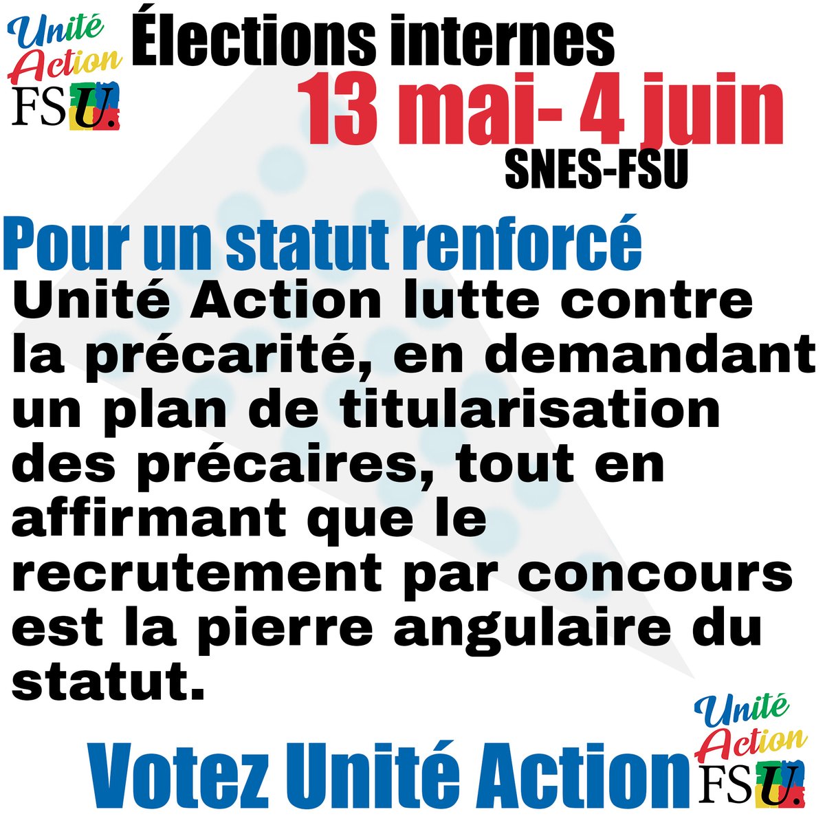 UniteActionFSU's tweet photo. Élections internes @SNESFSU . Pour un statut renforcé ! Unité Action lutte contre la précarité, en demandant un plan de #titularisation des #précaires, tout en affirmant que le #recrutement par #concours est la pierre angulaire du statut. https://t.co/IfRV4XONk1