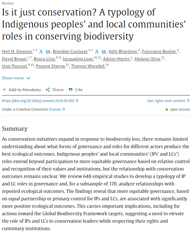 #NewPublication #OpenAccess🗞️🔓

DEV colleague @NeilMDawson and collaborators found that more equitable governance, based on equal partnership or primary control for Indigenous peoples and local communities, are associated with more positive ecological outcomes. @OneEarth_CP