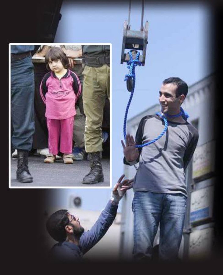 A little girl watching her father being hanged in Ayafookingtollah's Iran. But full marks to the brave man, saying goodbye with a smiling face.
