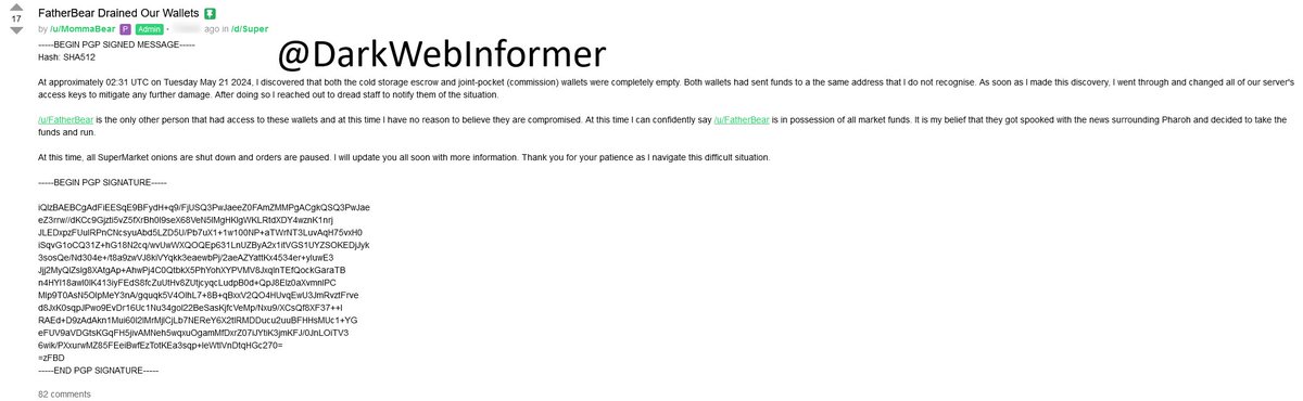 🚨#BREAKING🚨SuperMarket Darknet Market admin has drained all wallets. SuperMarket was a top 5 market. Sad to see it.

#DarkWeb #Cybersecurity #Security #Cyberattack #Cybercrime #Privacy #Infosec #SuperMarket #Darknet