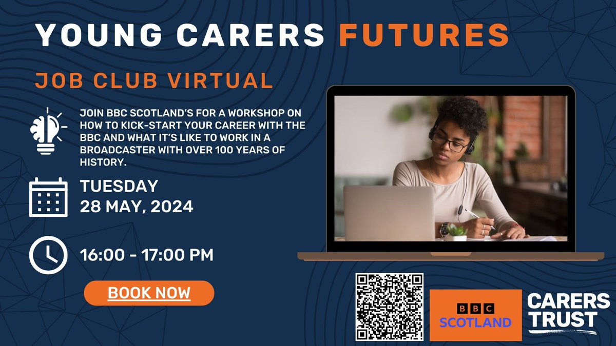 📺Considering a career in broadcasting? Join @CarersTrustScot and @BBCScotland for a workshop on how to kick-start your career with the BBC. 📅Tuesday 28th May from 4-5pm 🔗Sign up here: forms.office.com/e/8SeGjnA4ed