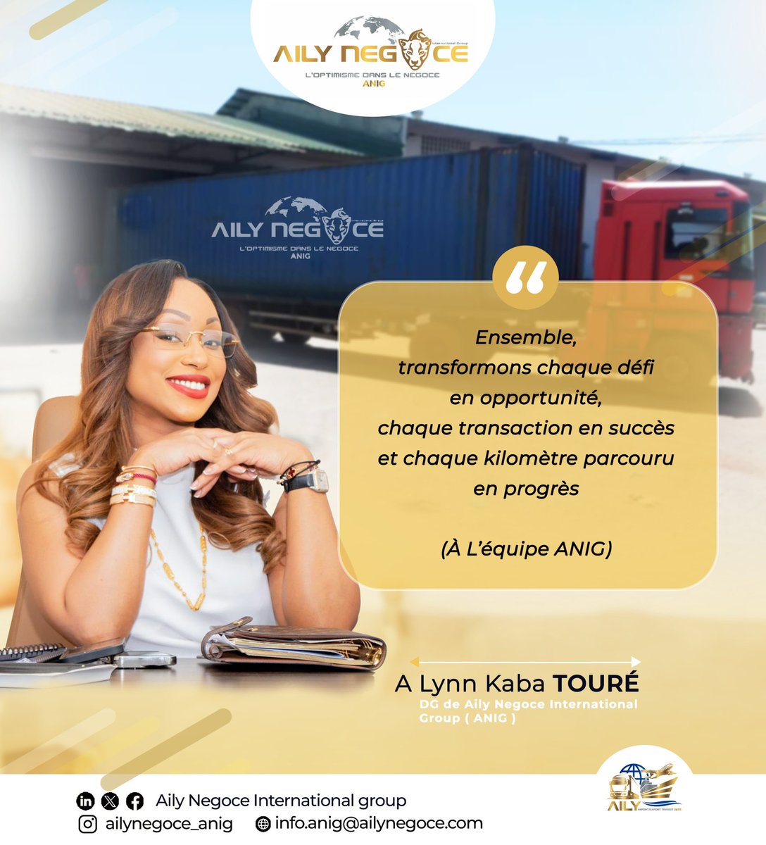 AilyNegoce's tweet photo. Ensemble,
transformons chaque défi en opportunité,
chaque transaction en succès et chaque kilomètre parcouru en progrès
(À L'équipe ANIG)
#ANIG
#AIET
#AILY B-TP
#FRBB https://t.co/uUFiiOwo69