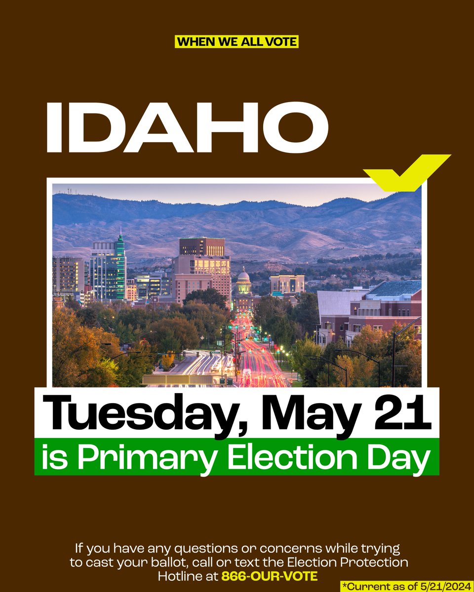 Calling all voters in Arizona 🏜️, Georgia 🥤, and Idaho 🥔: TODAY, May 21st, is your Election Day! Click below to find your polling place📍, and go make your voice heard: 🏜️: weall.vote/arizona 🥤: weall.vote/georgia 🥔: weall.vote/idaho