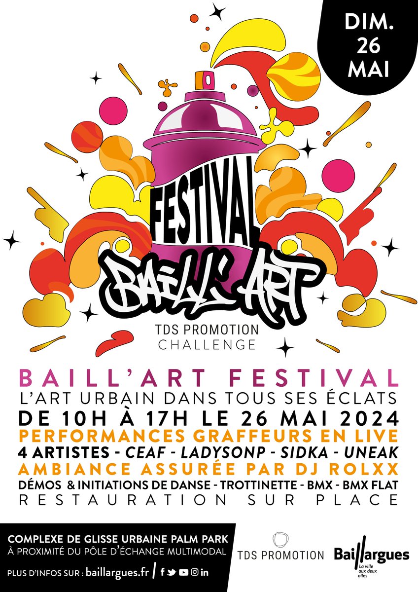 𝘽𝘼𝙄𝙇𝙇'𝘼𝙍𝙏 𝙁𝙀𝙎𝙏𝙄𝙑𝘼𝙇 
🔥 𝟮𝟲 𝗠𝗔𝗜 🔥

Baillargues met à l'honneur la 𝗰𝘂𝗹𝘁𝘂𝗿𝗲 𝘂𝗿𝗯𝗮𝗶𝗻𝗲 à travers le graffiti, la danse, et les sports de glisse.

Pour en savoir plus, c'est par ici : bit.ly/457nOZb