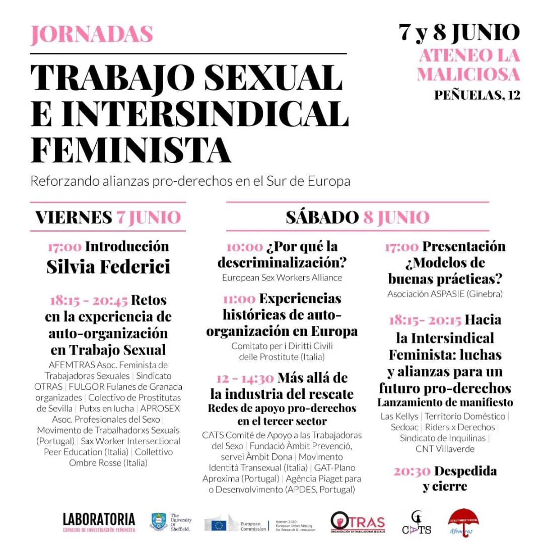 OtrasSindicato's tweet photo. Días 7 y 8 de Junio, Trabajo sexual e intersindical feminista. Un orgullo haber ayudado a organizar esto junto con las compañeras de @LaLaboratoria @AFEMTRAS_  y @AsociacionCATS https://t.co/ncNEd5nzdB