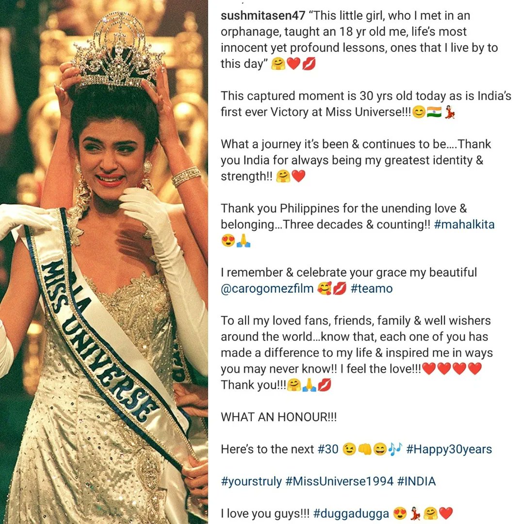 Today Sushmita Sen Has Completed Her 30 Years Of Being Miss World 🌎. She also shared a post on instagram and thanked everyone. 
#sushmitasen
#missuniverse