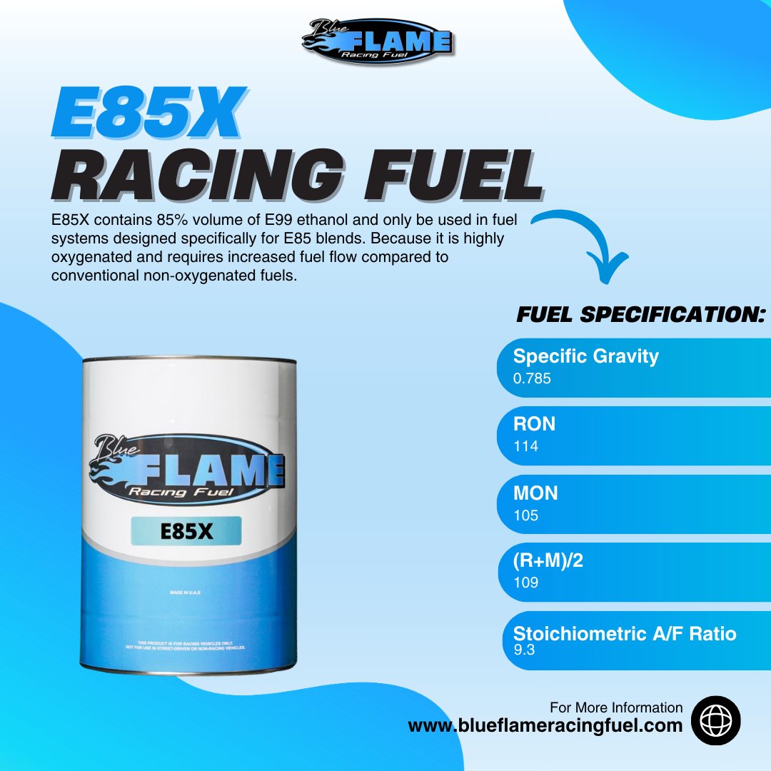 BlueFlameFuel's tweet image. E85X Racing Fuel 🛢️
E85X contains 85% volume of E99 ethanol and only be used in fuel systems designed specifically for E85 blends⛽

🌐 Website: blueflameracingfuel.com
📧 Email: info@blueflameracingfuel.com

#RacingFuel #EthanolFuel #RacingCars #Dubai