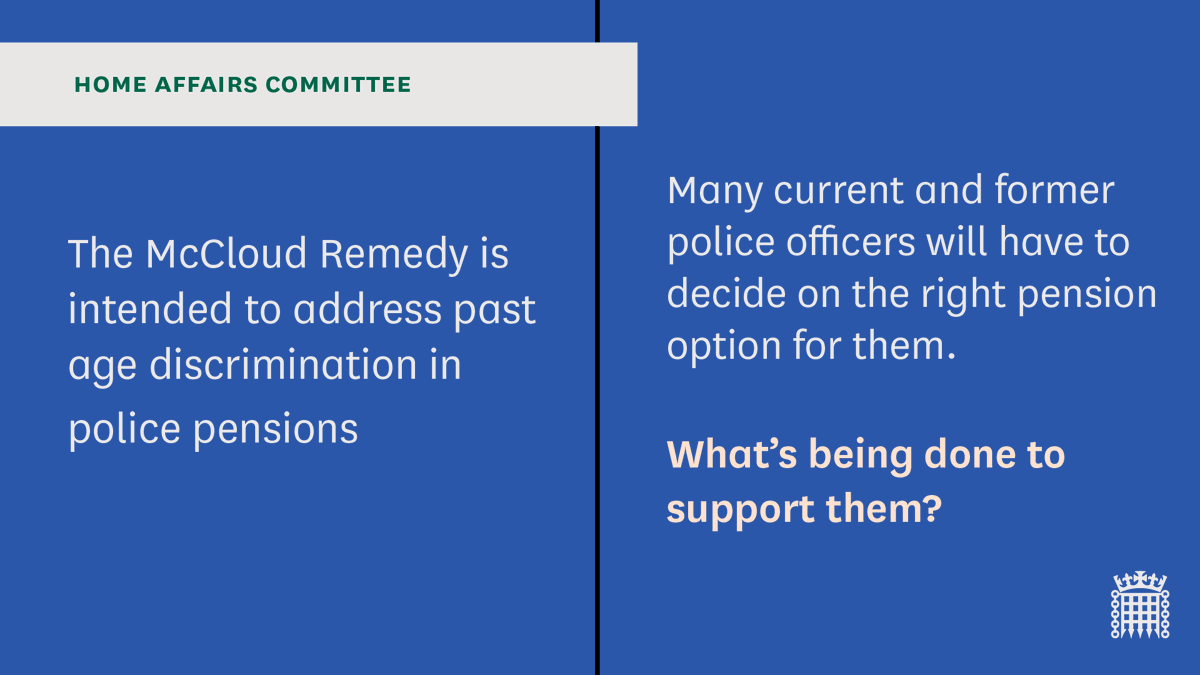 On Wednesday 22 May, 9.30am, we're examining police pensions, specifically the scheme designed to remedy harm caused by reforms to police pensions. We'll talk to a panel of people from Police Pensions Q&A Facebook Group, @PoliceChiefs, XPS Administration committees.parliament.uk/event/21221/fo…