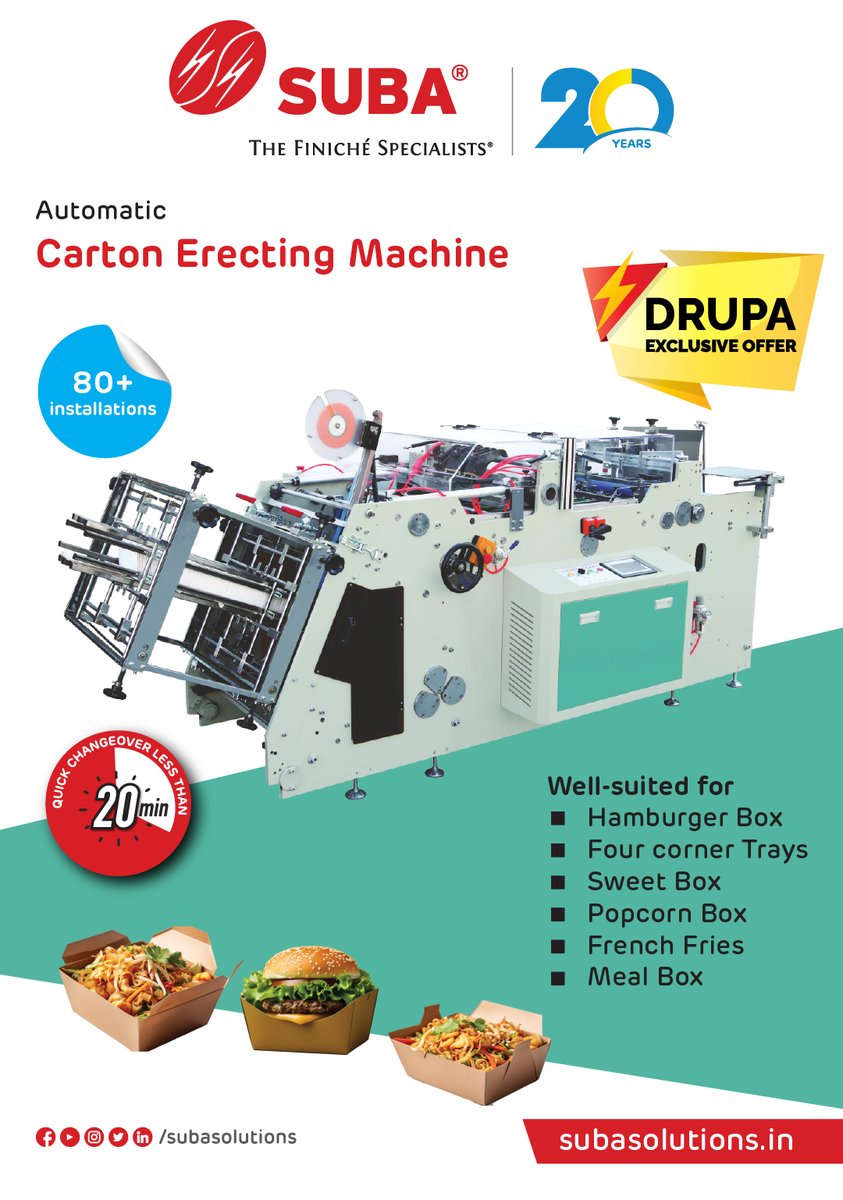 Subasolutions cordially invites you to our Stall A-60 Hall -13 @ Drupa 2024
Our Automatic Carton Erecting machines are producing takeaway boxes in India!

Reach out to us: +91- 9840597975

#TakeawayPackaging #drupa #expo#biriyaniboxes#sweetboxes#burgerbox#lunchbox#foodpackaging