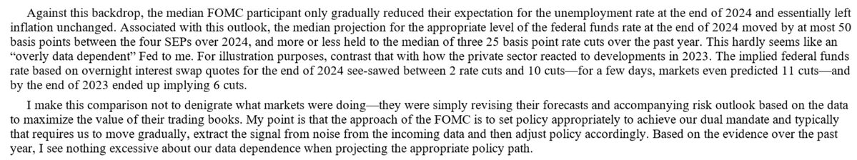 Waller addresses the critique that the Fed is 'overly data dependent' This 'doesn't make sense to me' given how little the SEP has changed between over the last 12 months Terminal rate projection was consistently around 5.1%-5.6% Q4 2024 rate has been around 4.7%, +/- 0.4 pp