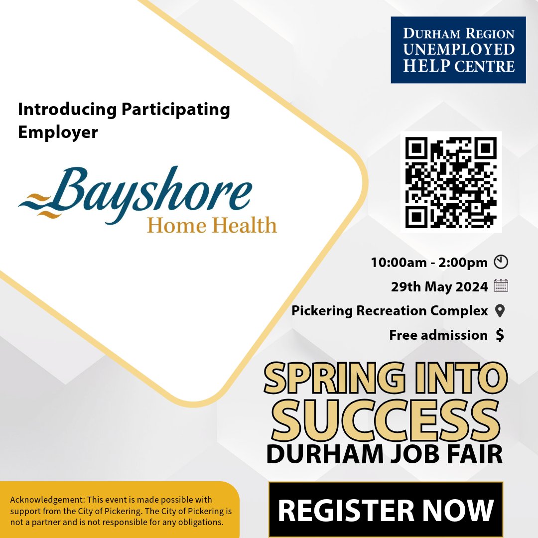 denc_canada's tweet image. Meet with Bayshore Home Health face-to-face at our upcoming job fair!

Date: 29th May 2024
Time: 10:00am - 2:00PM
Location: Pickering Recreation Complex
Cost: Free admission

Register here: forms.office.com/r/fugALTGWjV

#DurhamJobFair #CareerOpportunities #JobSearch #HiringNow