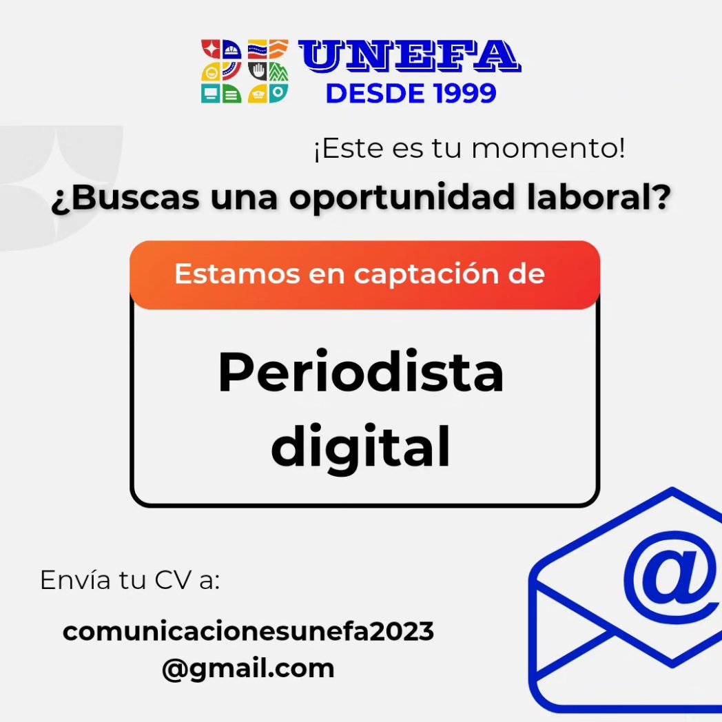 Se parte de nuestro equipo creativo, estamos en búsqueda de talentos con conocimientos y destrezas en periodismo digital Envía tu CV al mail comunicacionesunefa2023@gmail.com 

#25AÑOSUNEFA #DESDE1999HASTA100PRE 

<a href="/vladimirpadrino/">Vladimir Padrino L.</a> <a href="/FelixOsorioG/">Felix Osorio</a> <a href="/sandraoblitasr/">Sandra Oblitas Ruzza</a>
