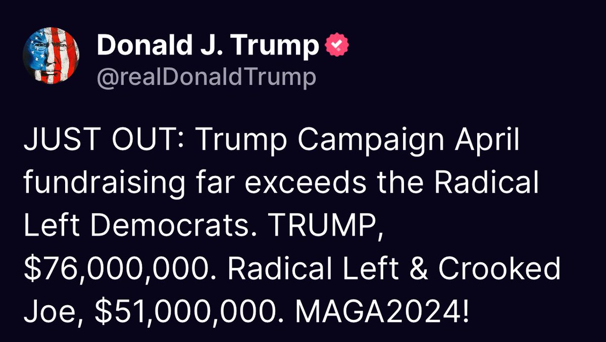 TrumpDailyPosts's tweet photo. JUST OUT: Trump Campaign April fundraising far exceeds the Radical Left Democrats. TRUMP, $76,000,000. Radical Left &amp; Crooked Joe, $51,000,000. MAGA2024!

Donald Trump Truth Social 08:58 AM 05/21/24 https://t.co/K9osLK9CUm