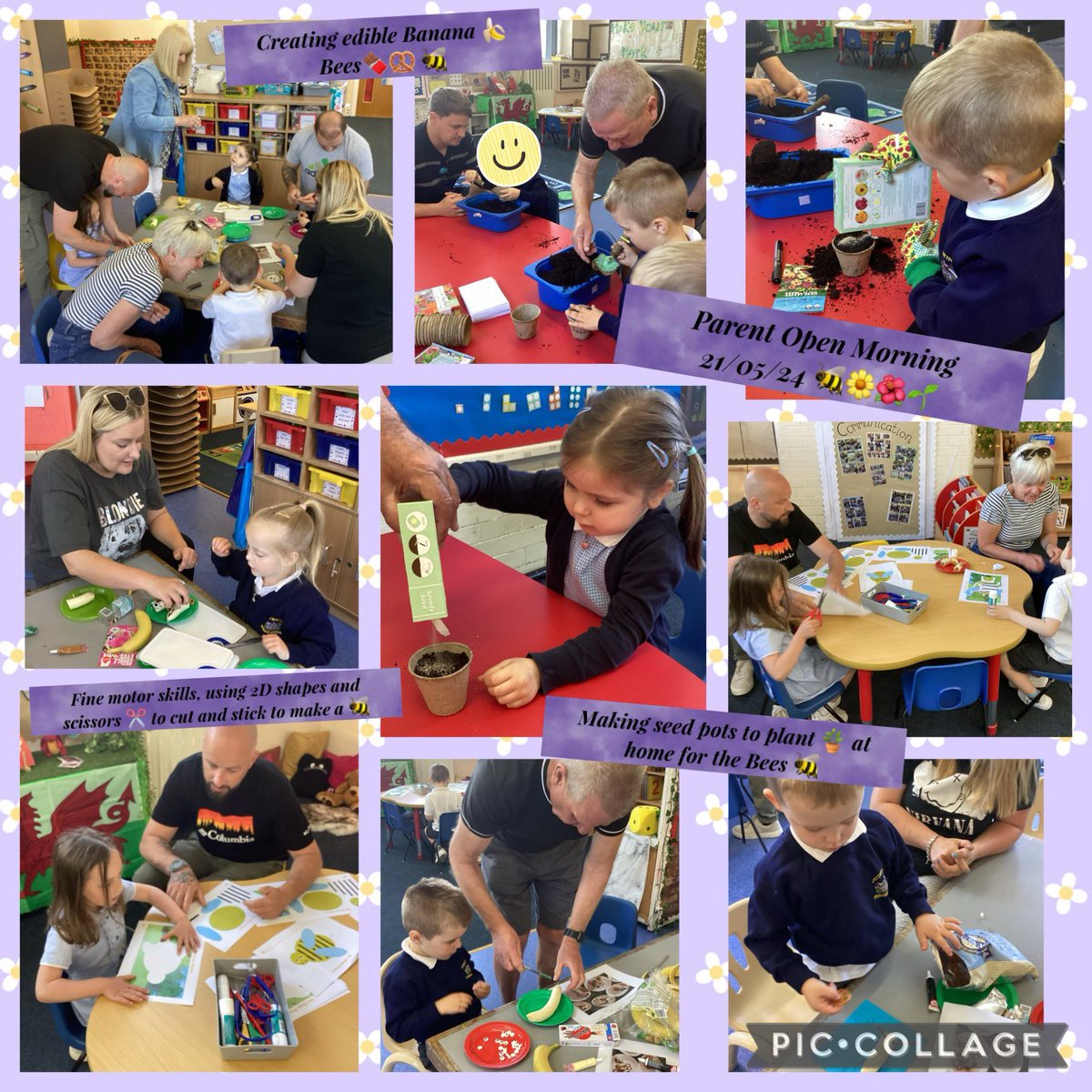 pentprimary's tweet photo. Open Morning in Dosbath Enfys,with a Humanities focus as part of our learning theme ‘Bees and Blooms’. The children planted compostable pots to take home, full of seeds to grow and attract bees and pollinators.We made edible Banana Bees and developed fine motor skills✂️ #HEADMPS https://t.co/NmvEuLe59G