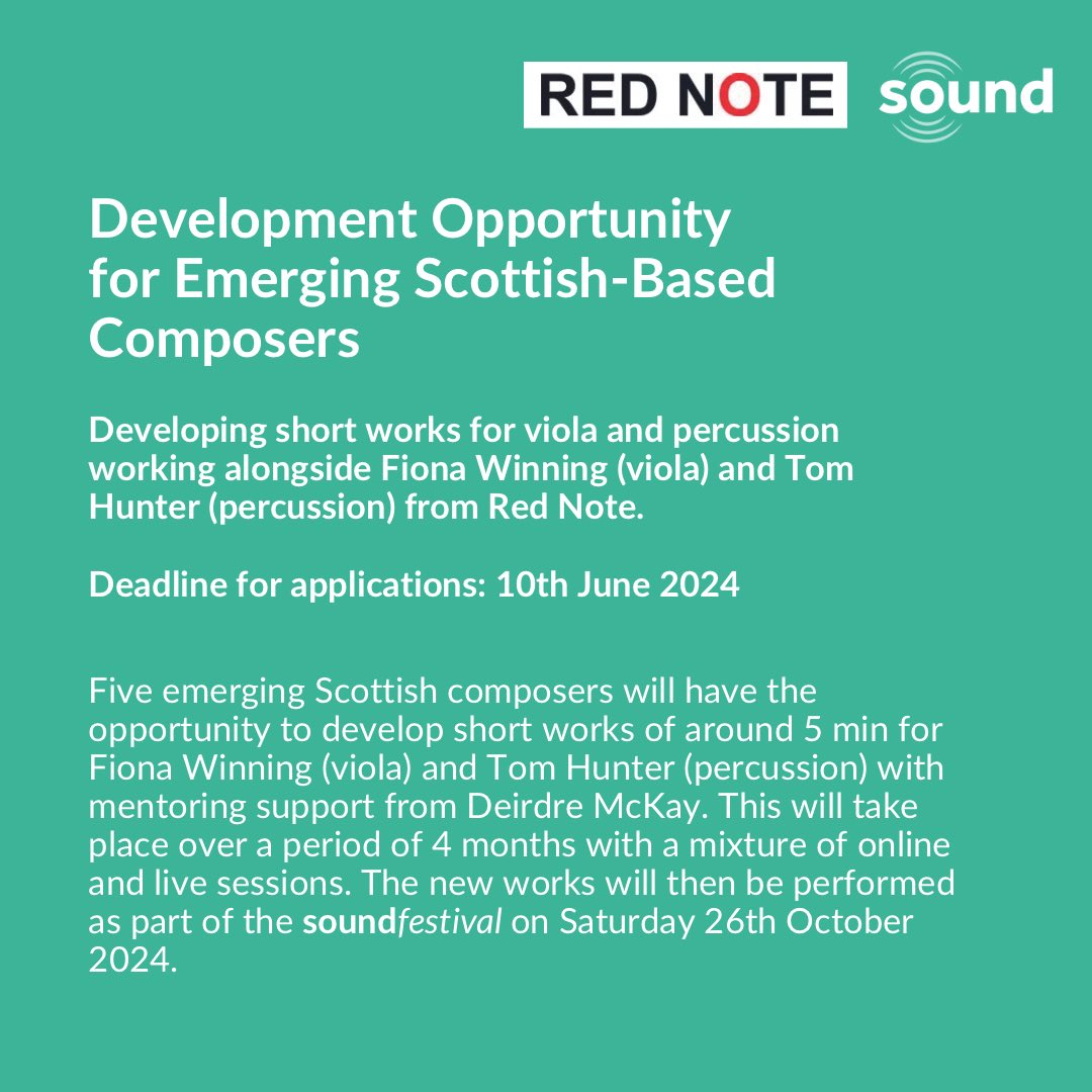📣Our annual composer development opportunity with @soundscotland is back! 
We have an opportunity for 5 emerging composers to develop short works for viola and percussion to be performed at soundfestival on Sat 26 Oct
⏰Deadline: 10th June
🔗More at: rednoteensemble.com/event/developm…