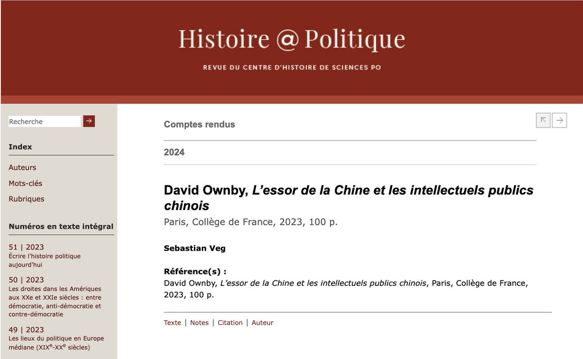 Dans son ouvrage, L’essor de la #Chine et les intellectuels publics chinois, David Ownby produit un 'tableau intéressant mais déformé'. Pour quelles raisons? Lire le compte rendu de Sebastian Veg @CRH_ehess dans la revue du @ScPo_CHSP Histoire@Politique ▶️lc.cx/BjtdMp