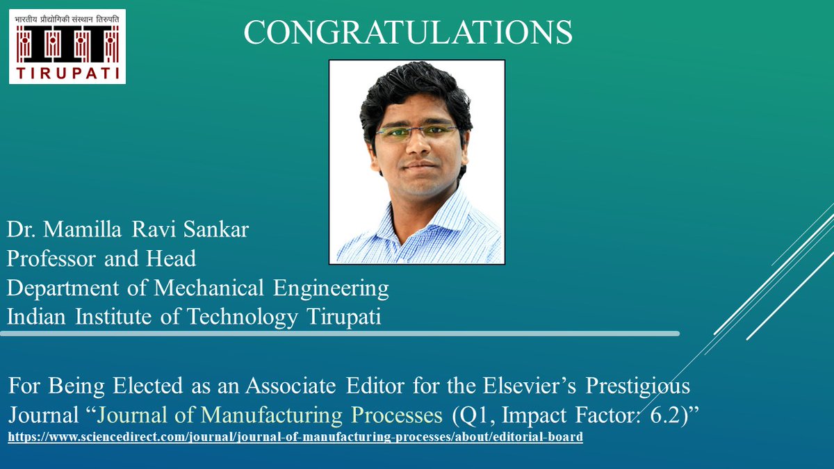 Congratulations to Prof. Ravi Shankar for being elected as an Associate Editor for the Elsevier's Prestigious Journal @iit_tirupati @EduMinOfIndia