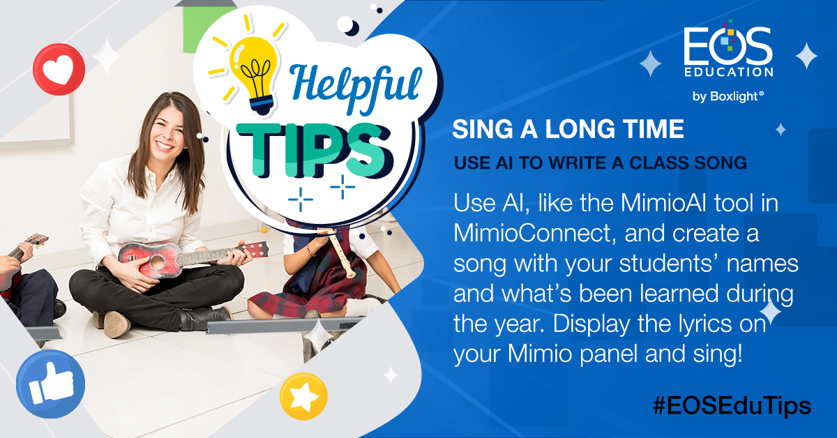 Celebrate your class with a special AI-generated song! 🎤 Look back on the year's achievements in a fun, creative way. Check out how we can help you plan for next year! hubs.la/Q02xY1SM0 #AIinEducation #AI #MimioAI #teacherlife #teachertips #EOSEduTips @boxlightinc