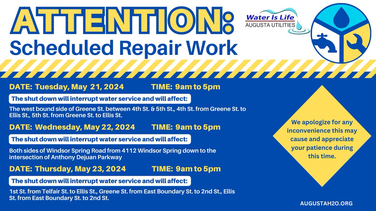 Please be advised that AUD will conduct scheduled repair work around the Augusta area beginning TODAY in the Greene St. area. This work will cause an interruption in service while repairs are being made. We apologize for the inconvenience. #AugustaH2O