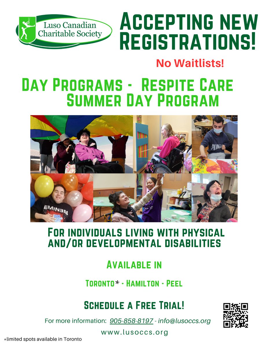 lusocharities's tweet image. 📢 ACCEPTING NEW REGISTRATIONS 📢 No waitlists! – Book Your Free Trial! Day Programs,  Respite Care and Summer Day Program for persons with disabilities in Toronto, Hamilton and Peel #DayPrograms #RespiteCare #NoWaitlist #SummerPrograms #AdultDayProgram #Disabilities