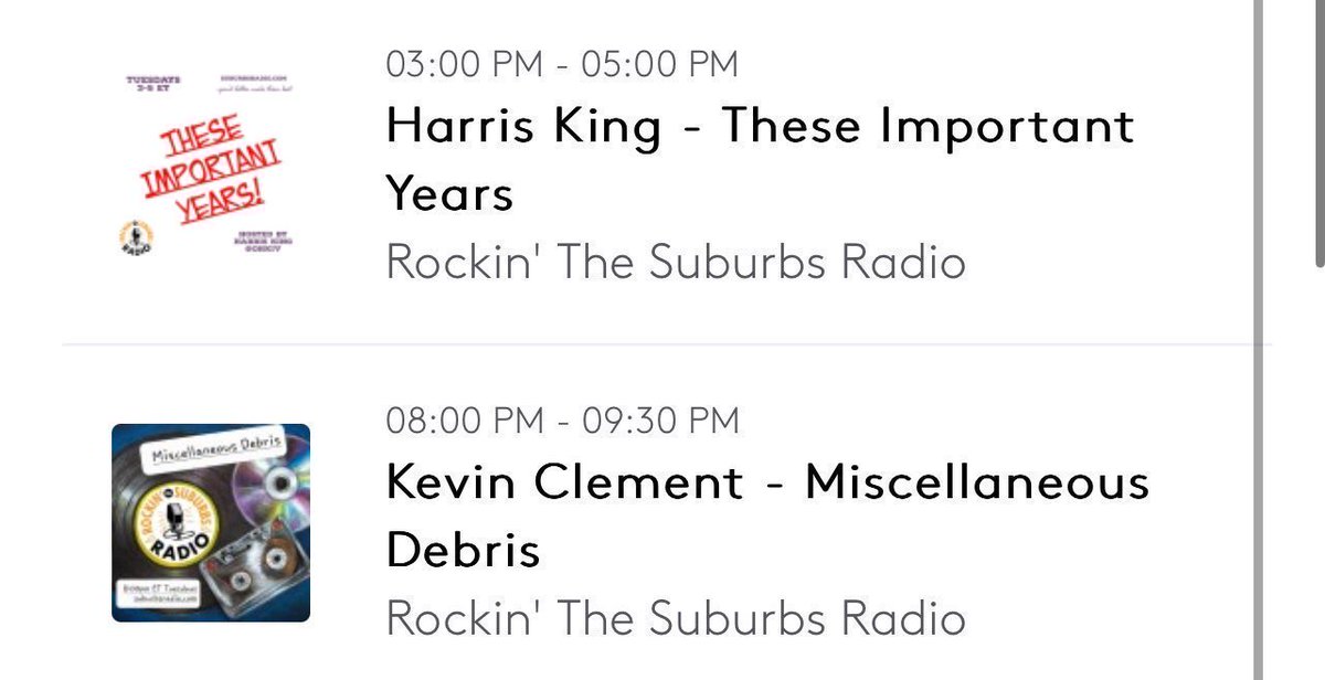 Rockin' the Suburbs Radio (@suburbsradio) on Twitter photo Today on Suburbs Radio
3 PM ET: These Important Years w/ @ohkiv
8 PM: Miscellaneous Debris w/<a href="/dacajunmusicman/">Kevin Clement</a>
Tune in at Suburbsradio.com or on our iOS app. Today on Suburbs Radio
3 PM ET: These Important Years w/ @ohkiv
8 PM: Miscellaneous Debris w/<a href="/dacajunmusicman/">Kevin Clement</a>
Tune in at Suburbsradio.com or on our iOS app.