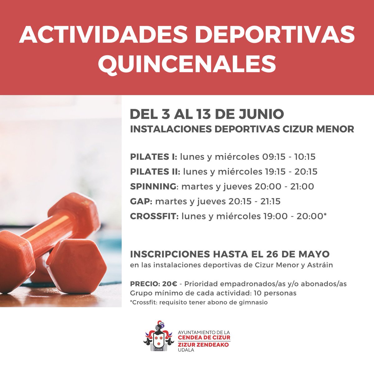 🚲 🏋️Actividades Deportivas Quincenales
Adjuntamos las actividades que se realizarán del 3 al 13 de junio.
Las personas interesadas podéis inscribirnos hasta el 26 de mayo en las Instalaciones Deportivas de Cizur Menor y Astráin.